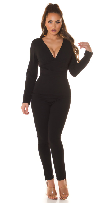 longsleeve Jumpsuit with V-Neckline Black
